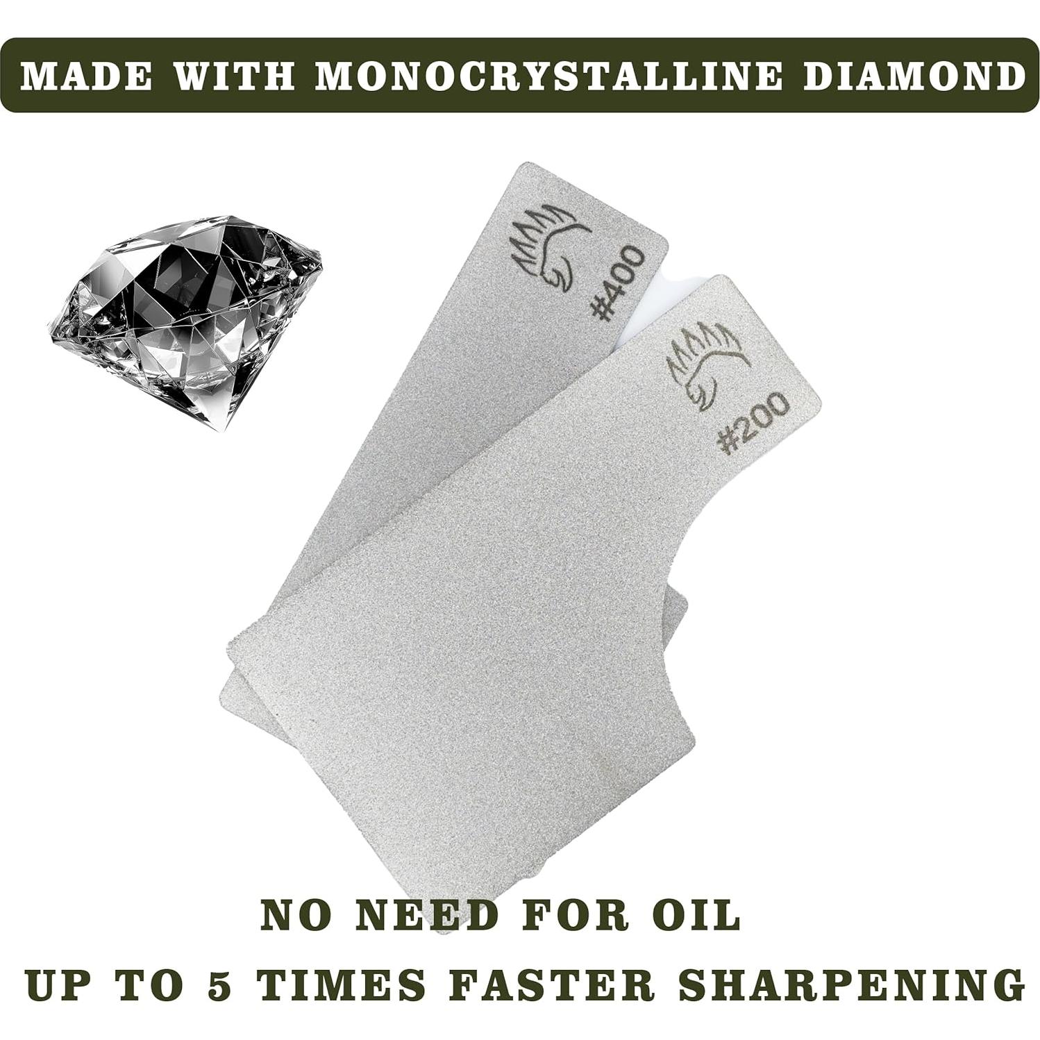 2X Dual Grit Diamond Sharpening Stone + Leather Wallet Strop | By The Bear Essentials | Pocket Credit-Card Sized Field Sharpener for Camping, Bushcraft, Outdoors, Survival, EDC - Light Brown