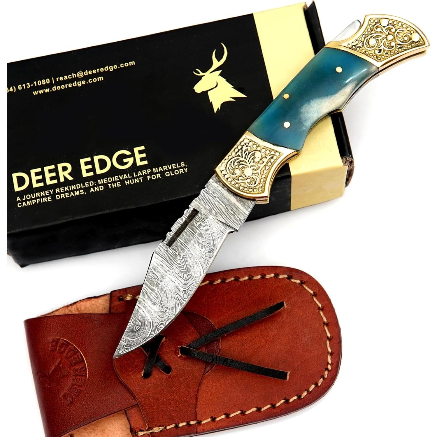 Handmade Damascus Pocket knife for Men - Damascus Folding Knife - Hunting Knife with Sheath for Champing, Hiking, Tracking - Gift for Men, Anniversary Present for Him, Dad, Boyfriend - Blue