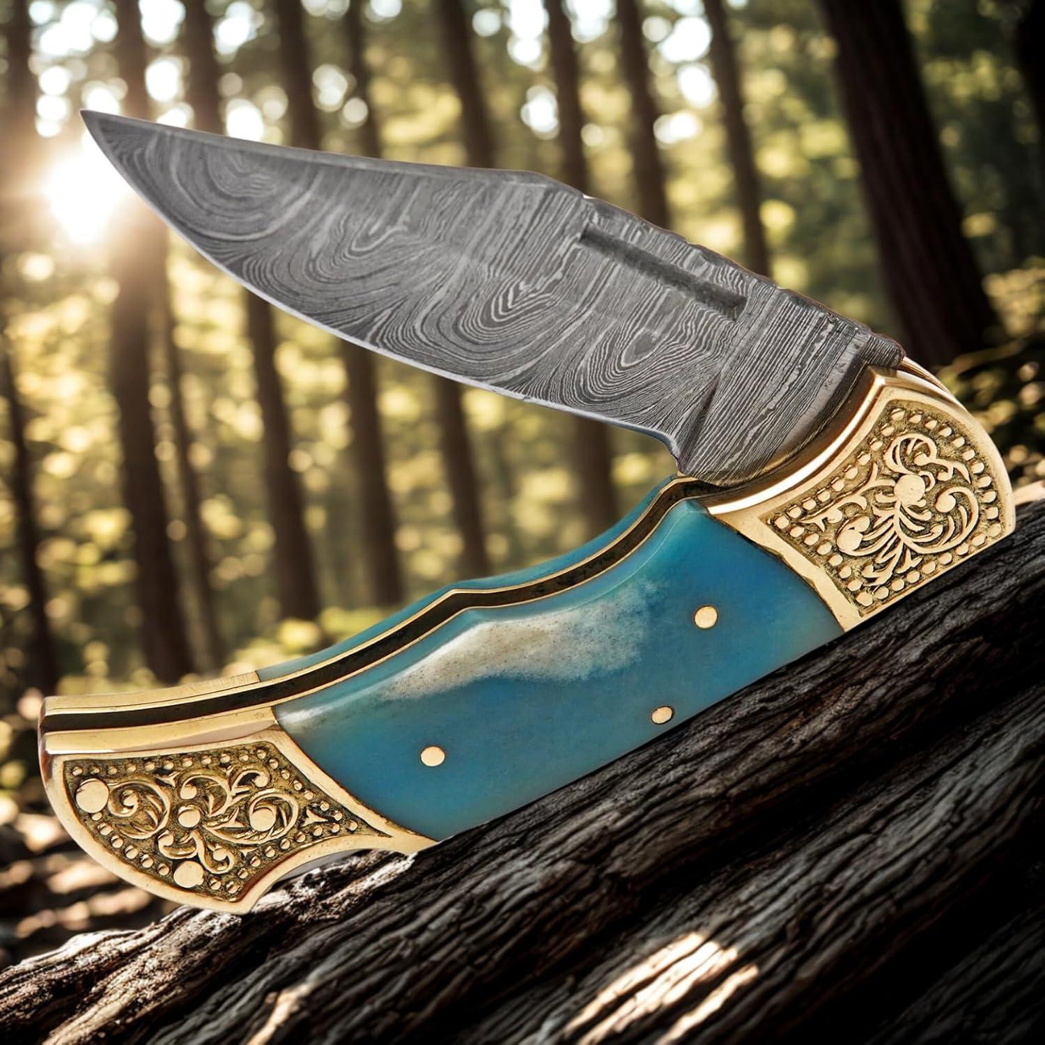 Handmade Damascus Pocket knife for Men - Damascus Folding Knife - Hunting Knife with Sheath for Champing, Hiking, Tracking - Gift for Men, Anniversary Present for Him, Dad, Boyfriend - Blue