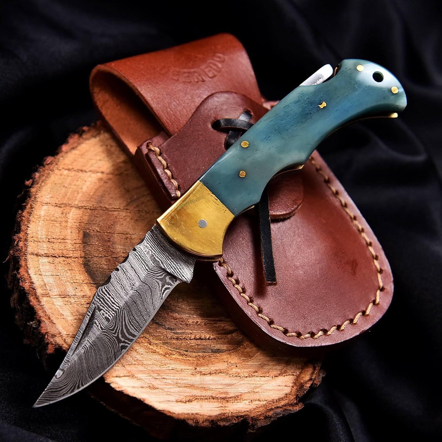 Handmade Damascus Pocket knife for Men - Damascus Folding Knife - Hunting Knife with Sheath for Champing, Hiking, Tracking - Gift for Men, Anniversary Present for Him, Dad, Boyfriend - Blue