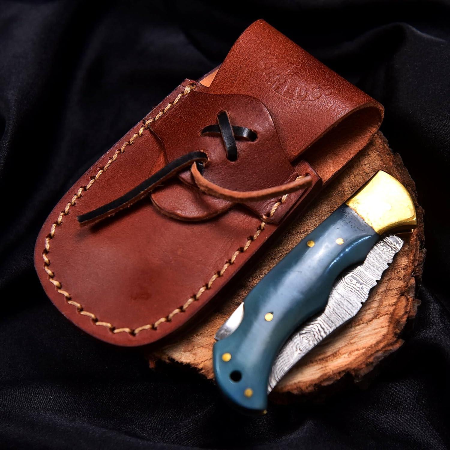 Handmade Damascus Pocket knife for Men - Damascus Folding Knife - Hunting Knife with Sheath for Champing, Hiking, Tracking - Gift for Men, Anniversary Present for Him, Dad, Boyfriend - Blue