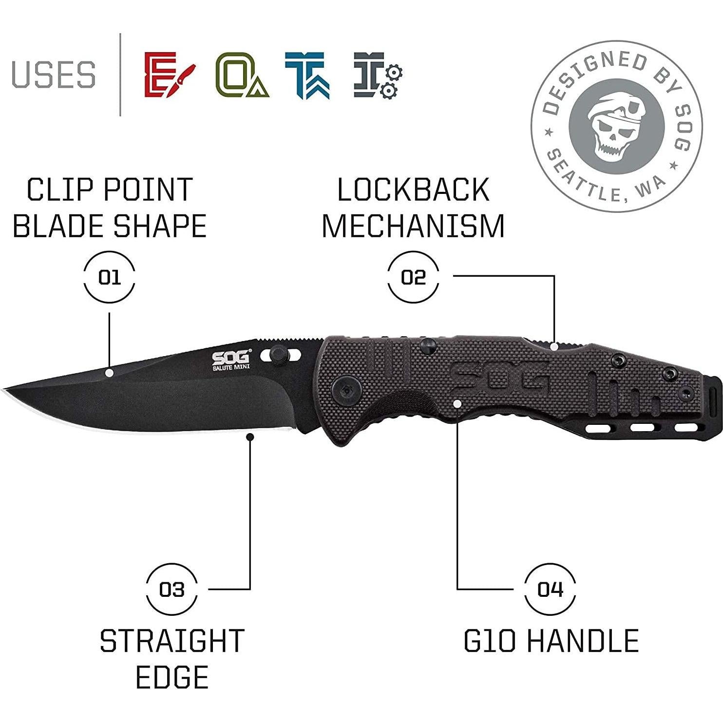 Cuchillo Plegable SOG Salute Mini Negro 3.1" Acero Inoxidable