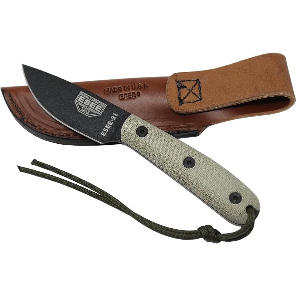 Cuchillo de Hoja Fija ESEE 3HM con Funda de Cuero Marrón