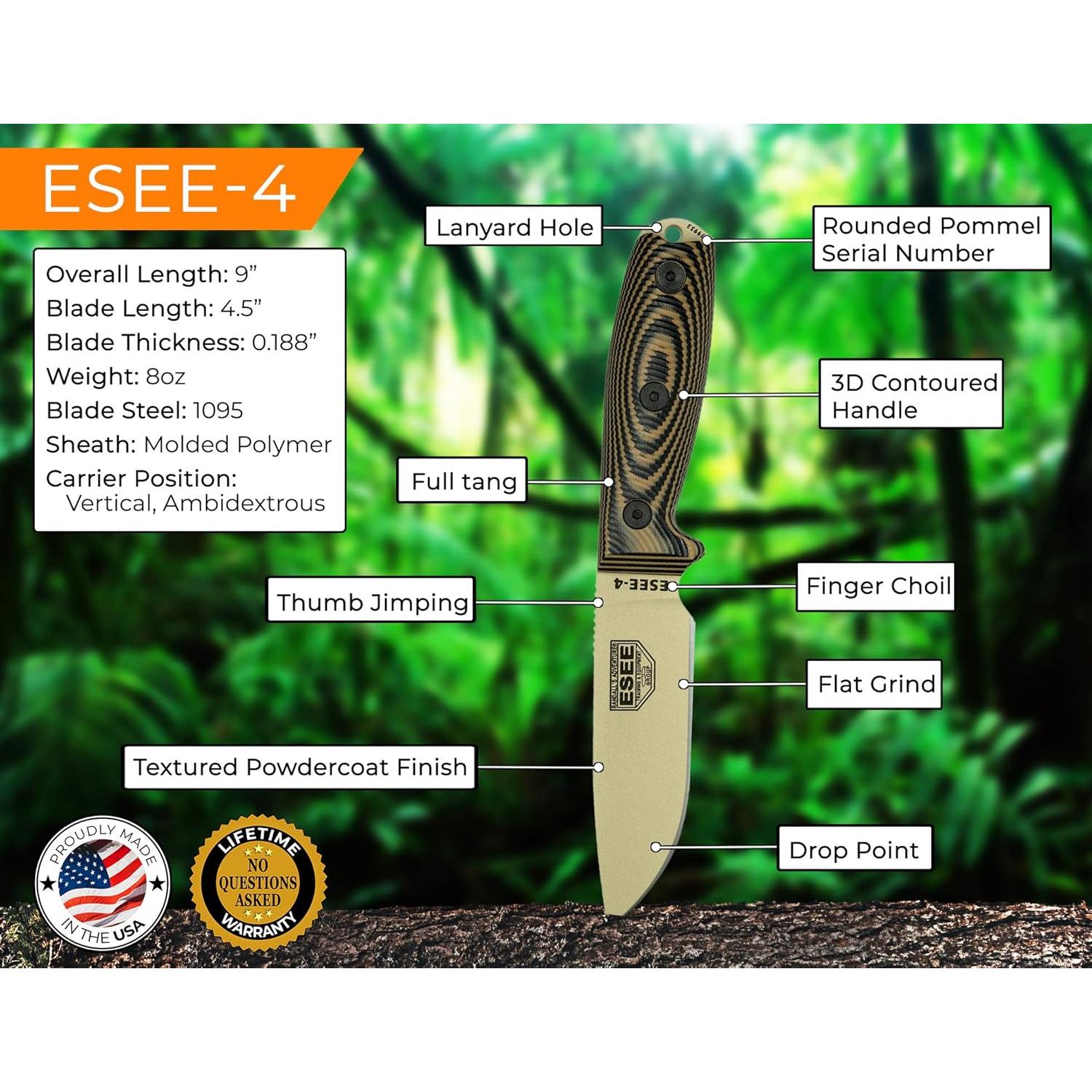 Cuchillo ESEE-4 Fijo Acero Carbono 1095 Mango G10 22.86 cm