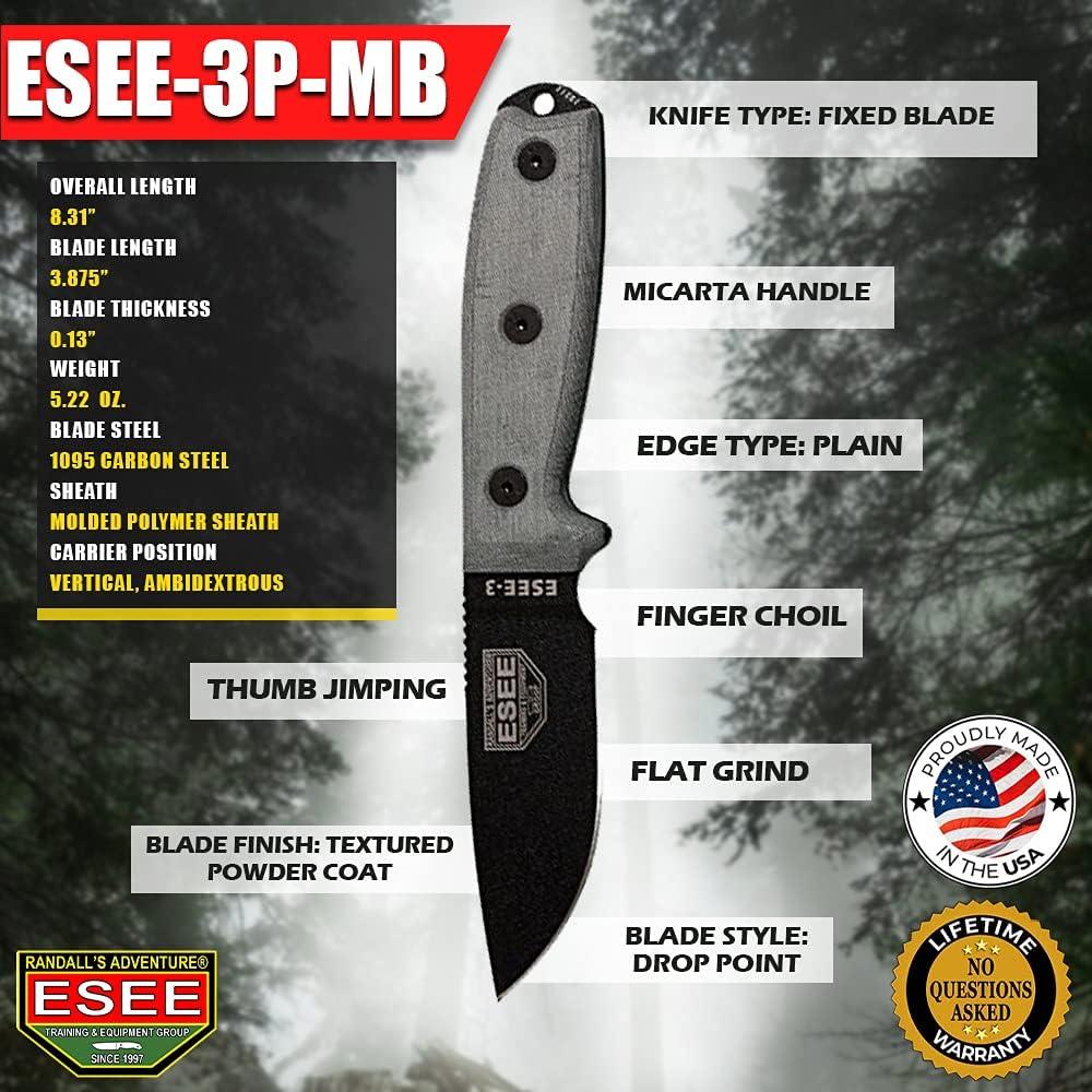 Cuchillo de Hoja Fija ESEE 3PM-MB con Funda MOLLE Negra