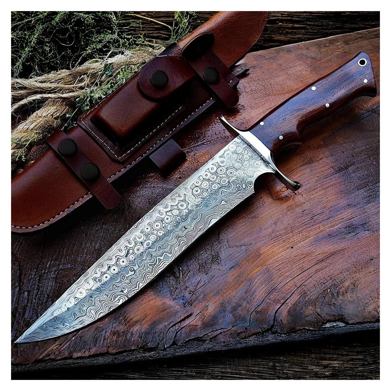 BIGCAT ROAR Patriot - Handmade Damascus Steel Fixed Blade Hunting Knife 14" - Walnut Wood Handle & Leather Sheath - Bushcraft Outdoor Camp & Survival Long EDC Knife - Collector Gifts for Men