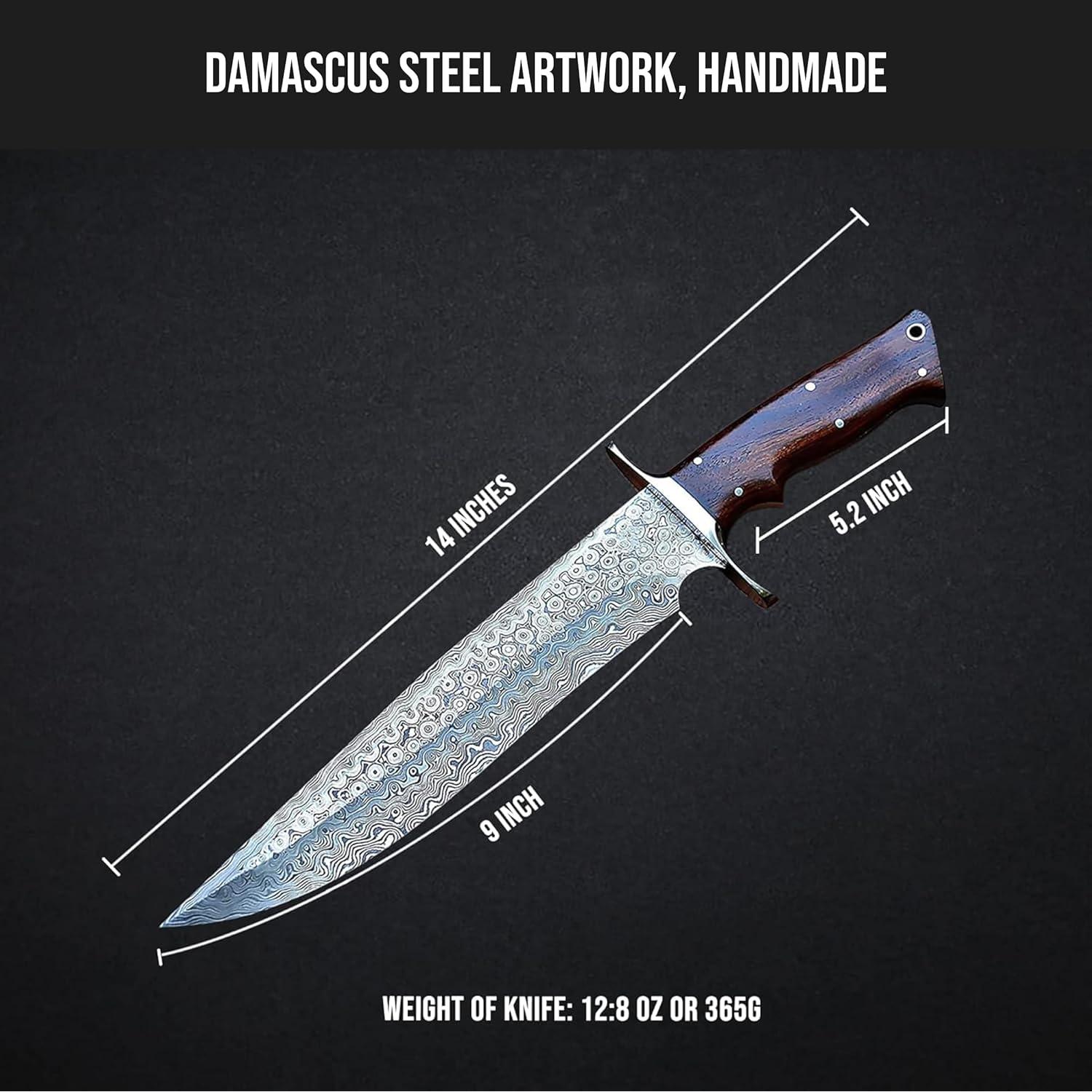 BIGCAT ROAR Patriot - Handmade Damascus Steel Fixed Blade Hunting Knife 14" - Walnut Wood Handle & Leather Sheath - Bushcraft Outdoor Camp & Survival Long EDC Knife - Collector Gifts for Men