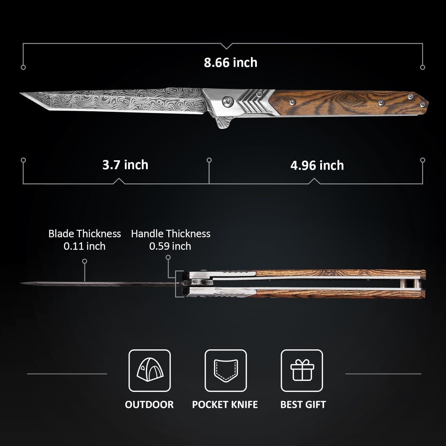 Cuchillo de bolsillo ITOKEY EDC 22 cm con hoja Tanto y bloqueo