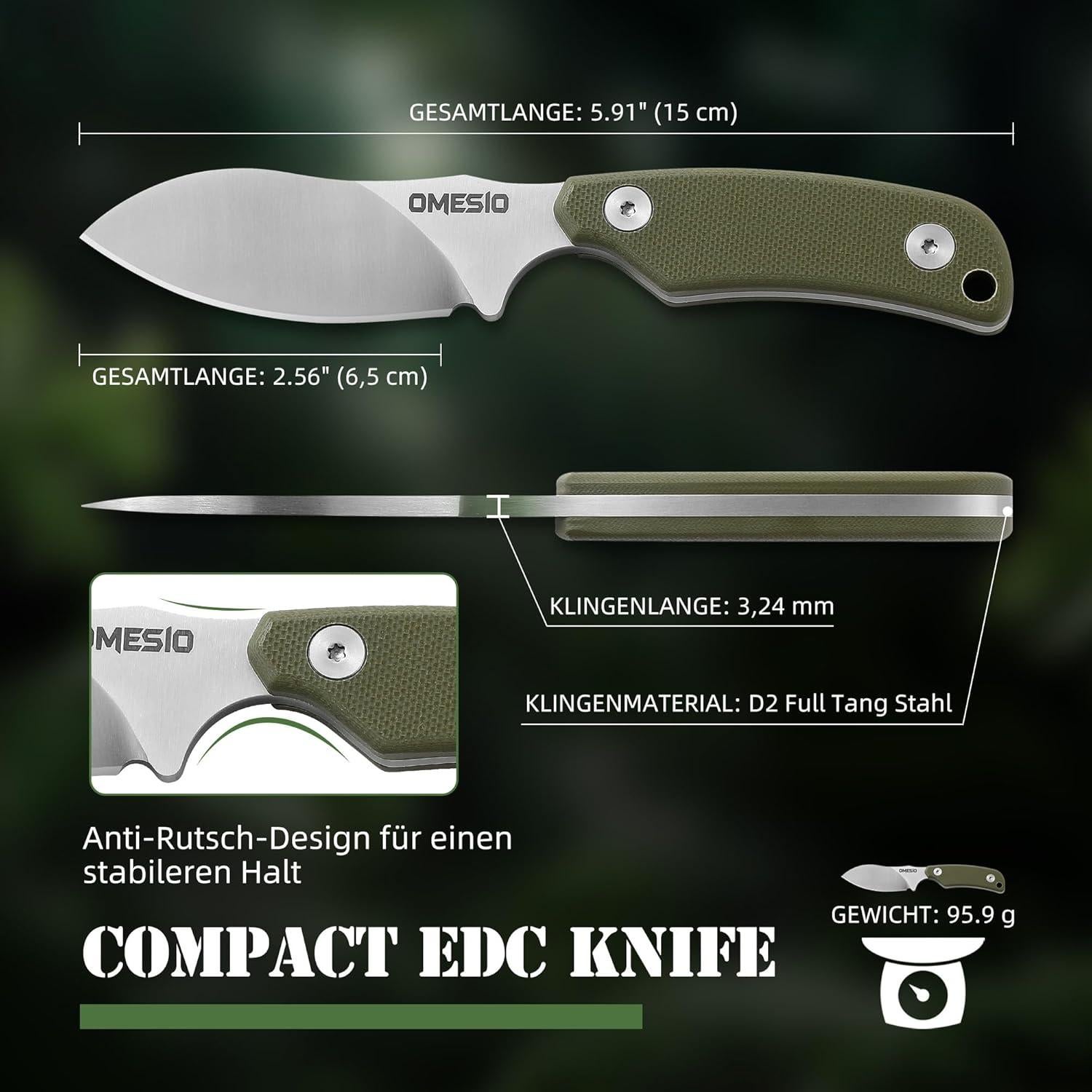 Cuchillo de Cuello Omesio ZLJR, Acero D2, 14.76 cm, Funda Kydex