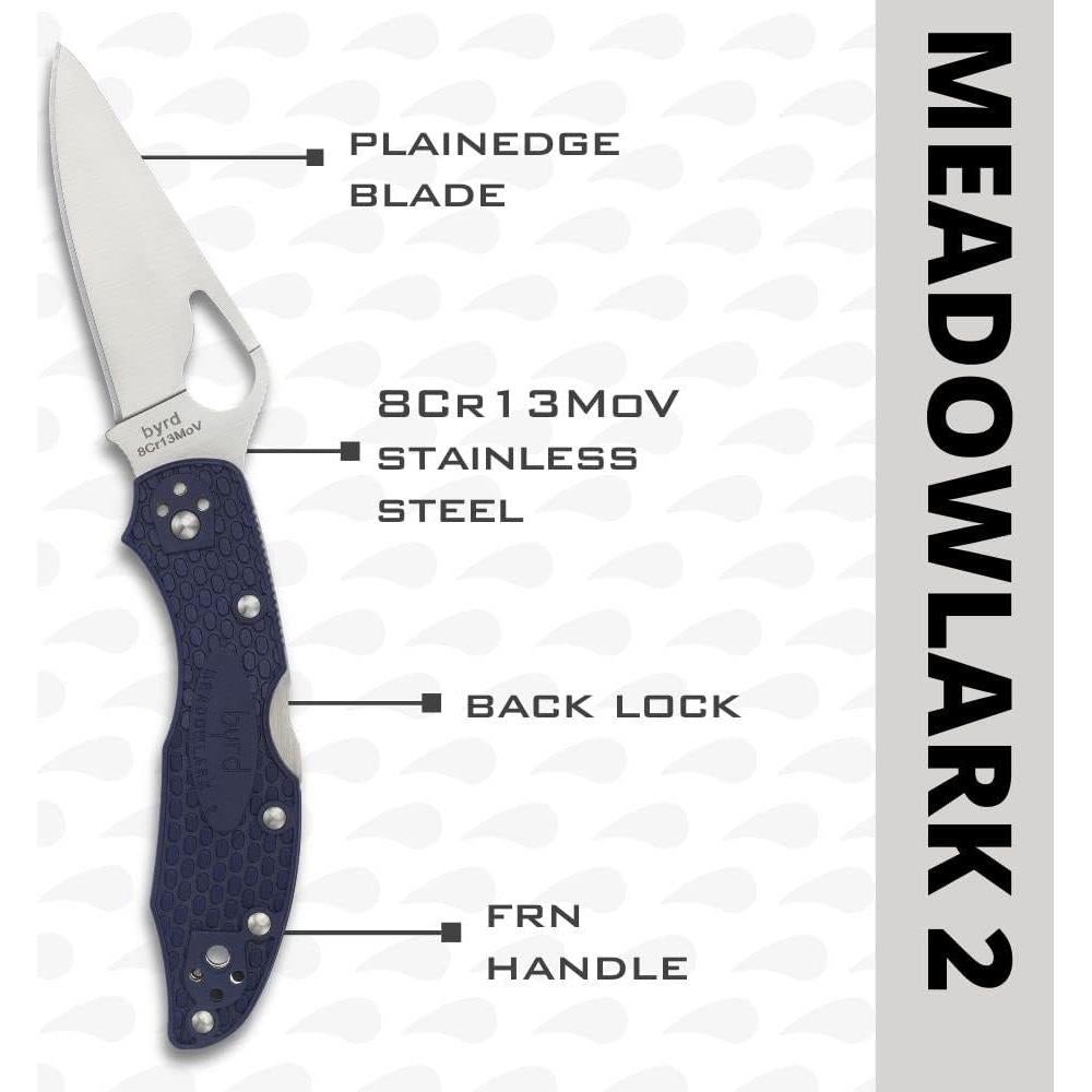 Byrd Meadowlark 2 Lightweight Folding Utility Knife with 2.90" Stainless Steel Blade and Blue Non-Slip FRN Handle - Everyday Carry - PlainEdge - BY04PBL2