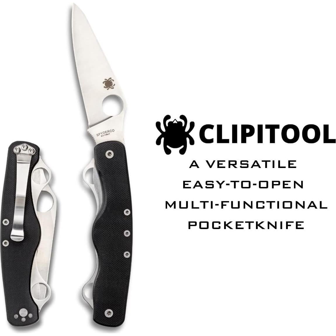 ClipiTool Standard Multi-Functional Pocketknife with 3 Stainless Steel Blades and Durable Black G-10 Handle - PlainEdge - C208GP
