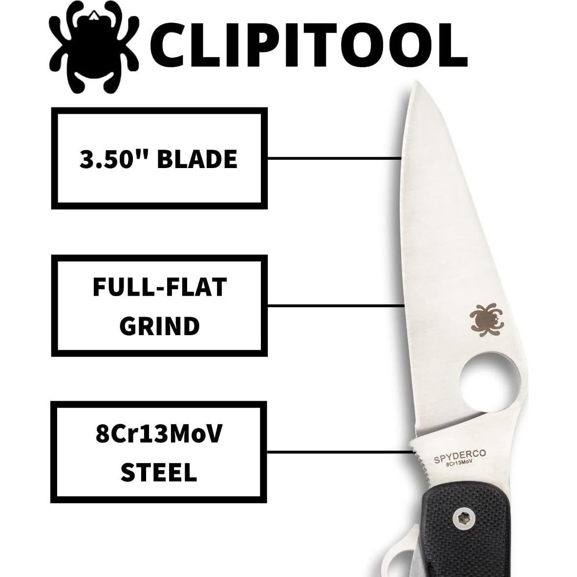 ClipiTool Standard Multi-Functional Pocketknife with 3 Stainless Steel Blades and Durable Black G-10 Handle - PlainEdge - C208GP