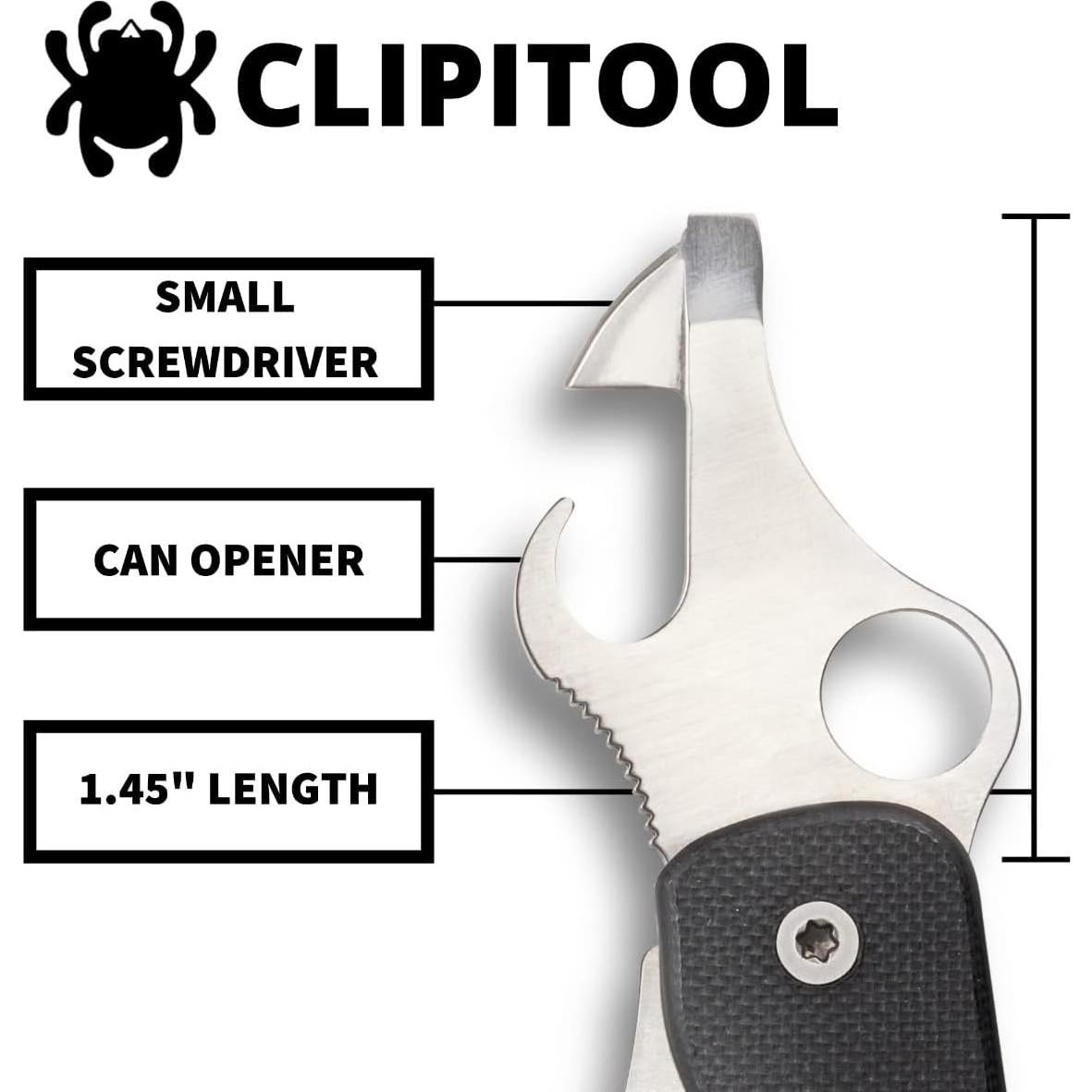 ClipiTool Standard Multi-Functional Pocketknife with 3 Stainless Steel Blades and Durable Black G-10 Handle - PlainEdge - C208GP