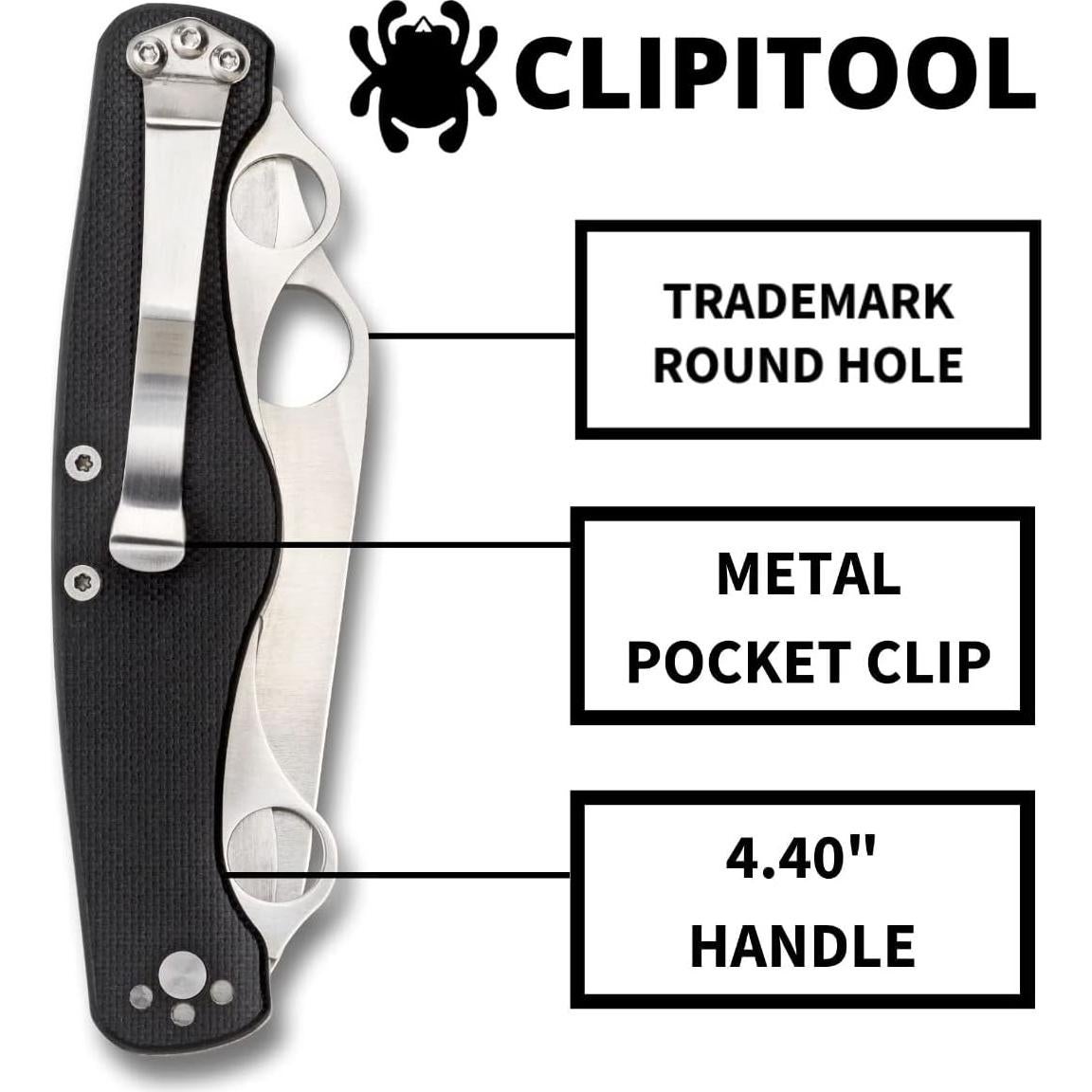ClipiTool Standard Multi-Functional Pocketknife with 3 Stainless Steel Blades and Durable Black G-10 Handle - PlainEdge - C208GP