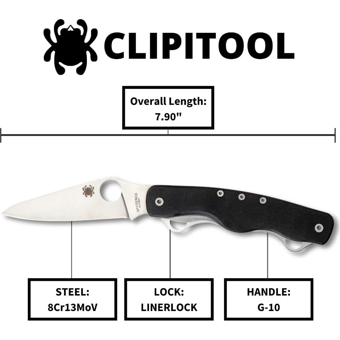 ClipiTool Standard Multi-Functional Pocketknife with 3 Stainless Steel Blades and Durable Black G-10 Handle - PlainEdge - C208GP