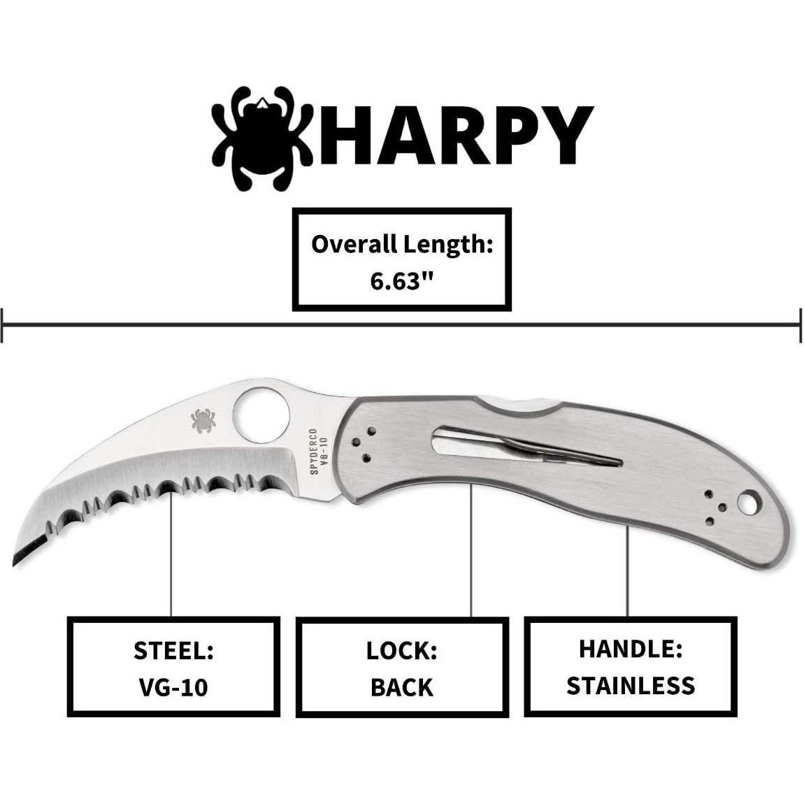 Harpy Folding Utility Knife with 2.75" Hawkbill VG-10 Steel Blade and Durable Stainless Steel Handle - SpyderEdge - C08S