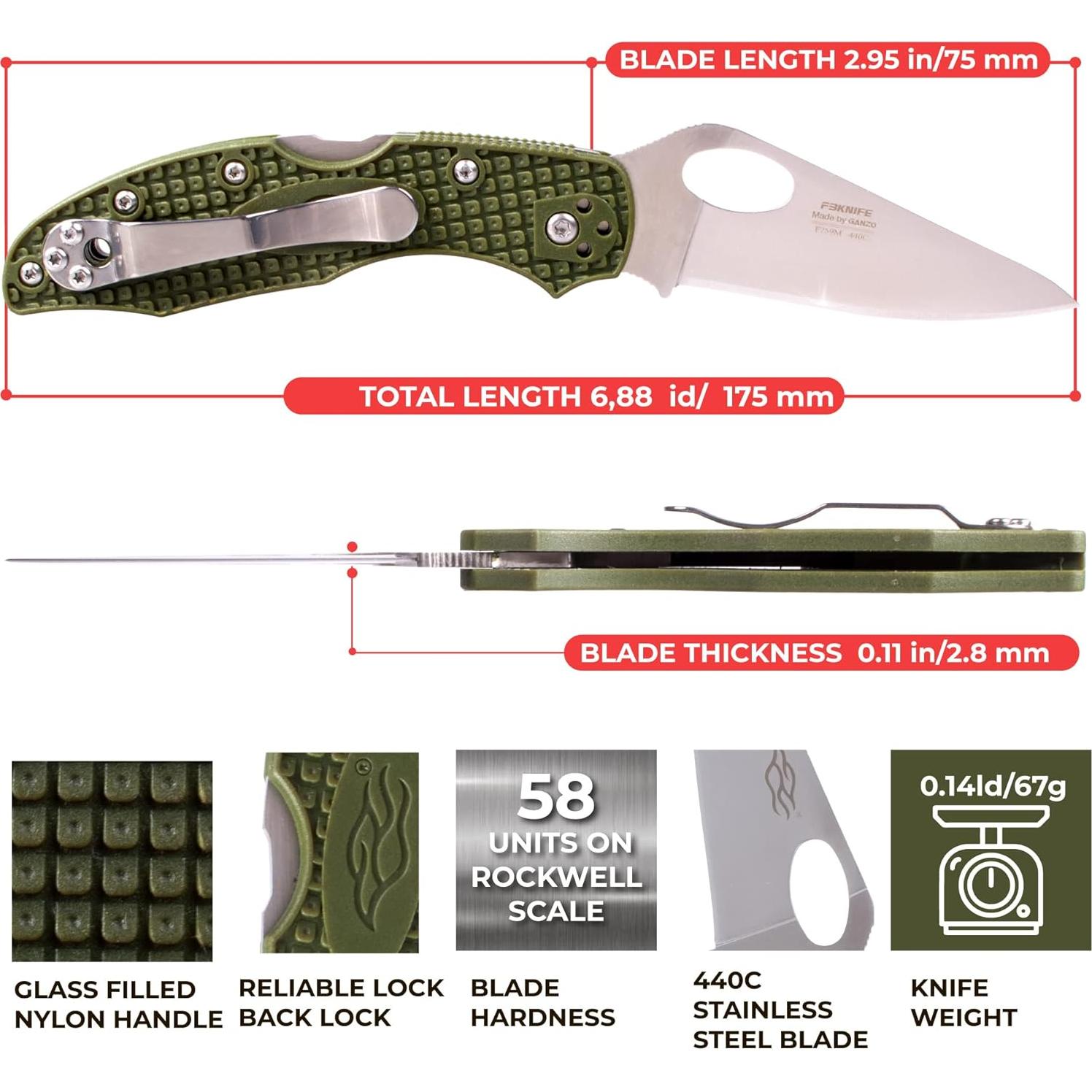 Cuchillo Plegable Ganzo Firebird F759M Verde, Acero Inoxidable 440C