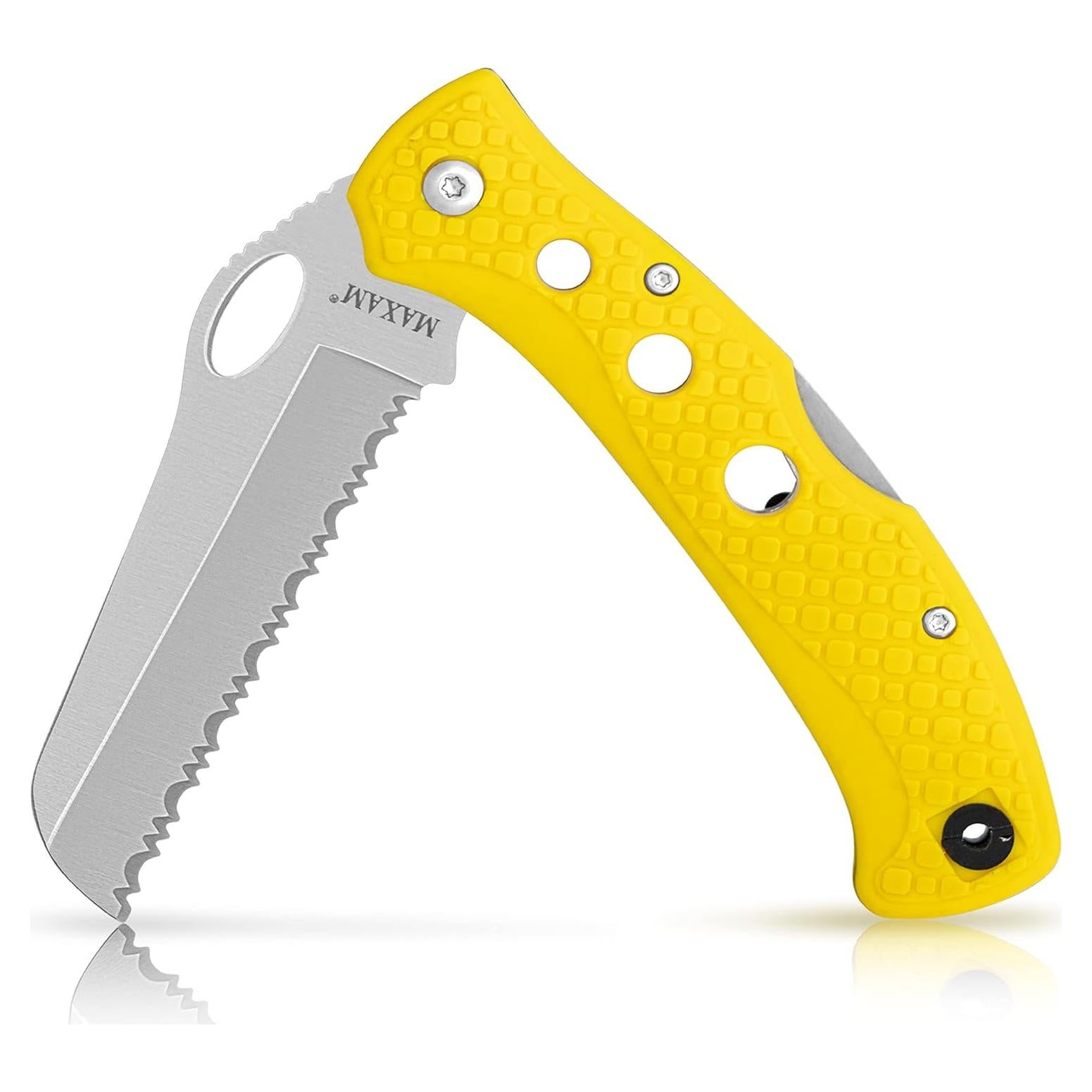 Maxam 5 Inch Saltwater Knife - Rust-Proof German Stainless Steel Serrated Blade with High-Visibility Yellow Handle, Reversible Pocket Clip, Lanyard Hole