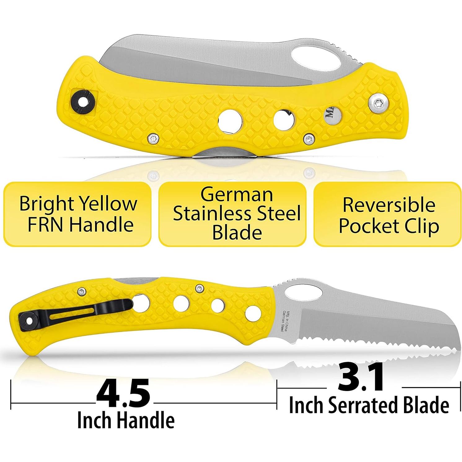 Maxam 5 Inch Saltwater Knife - Rust-Proof German Stainless Steel Serrated Blade with High-Visibility Yellow Handle, Reversible Pocket Clip, Lanyard Hole