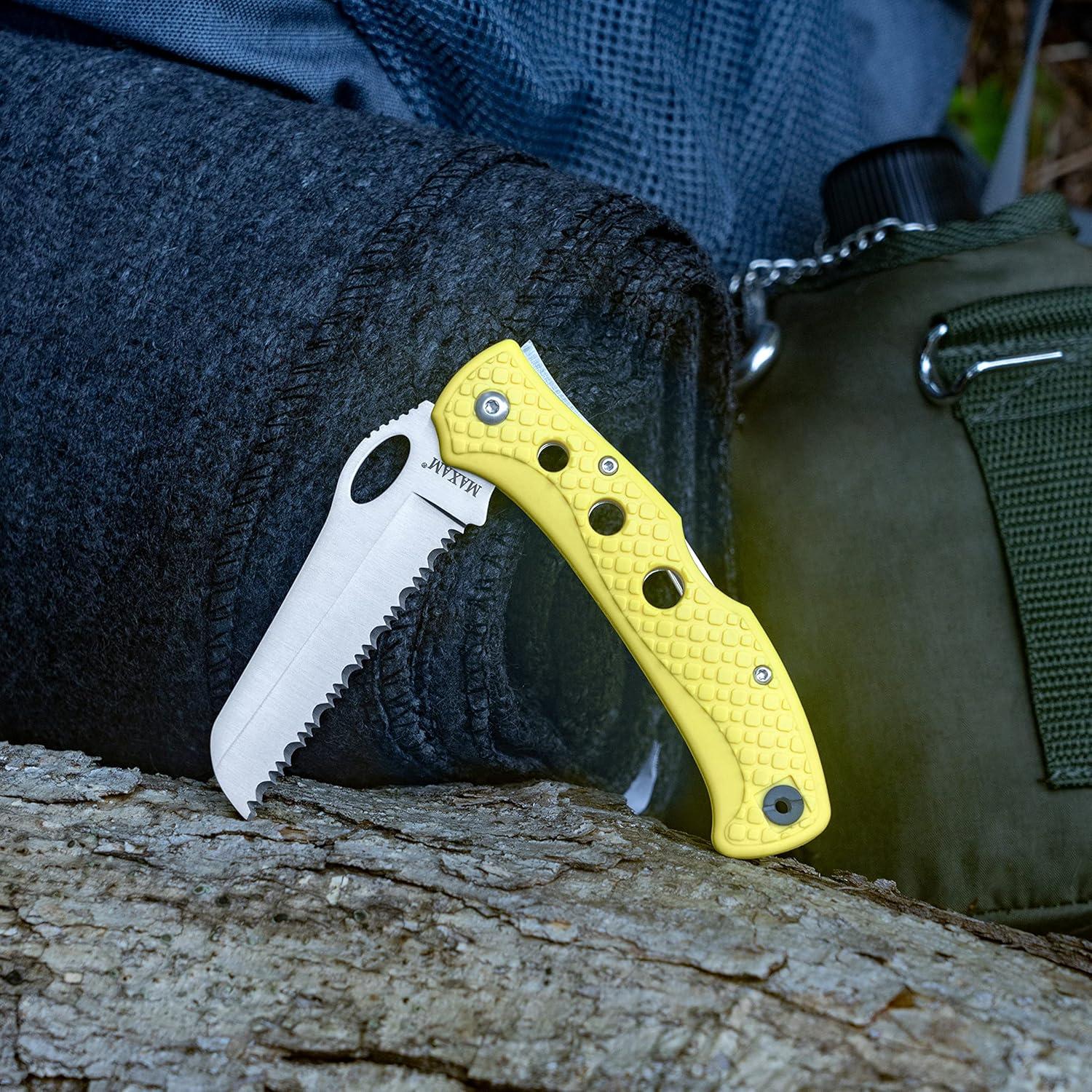 Maxam 5 Inch Saltwater Knife - Rust-Proof German Stainless Steel Serrated Blade with High-Visibility Yellow Handle, Reversible Pocket Clip, Lanyard Hole