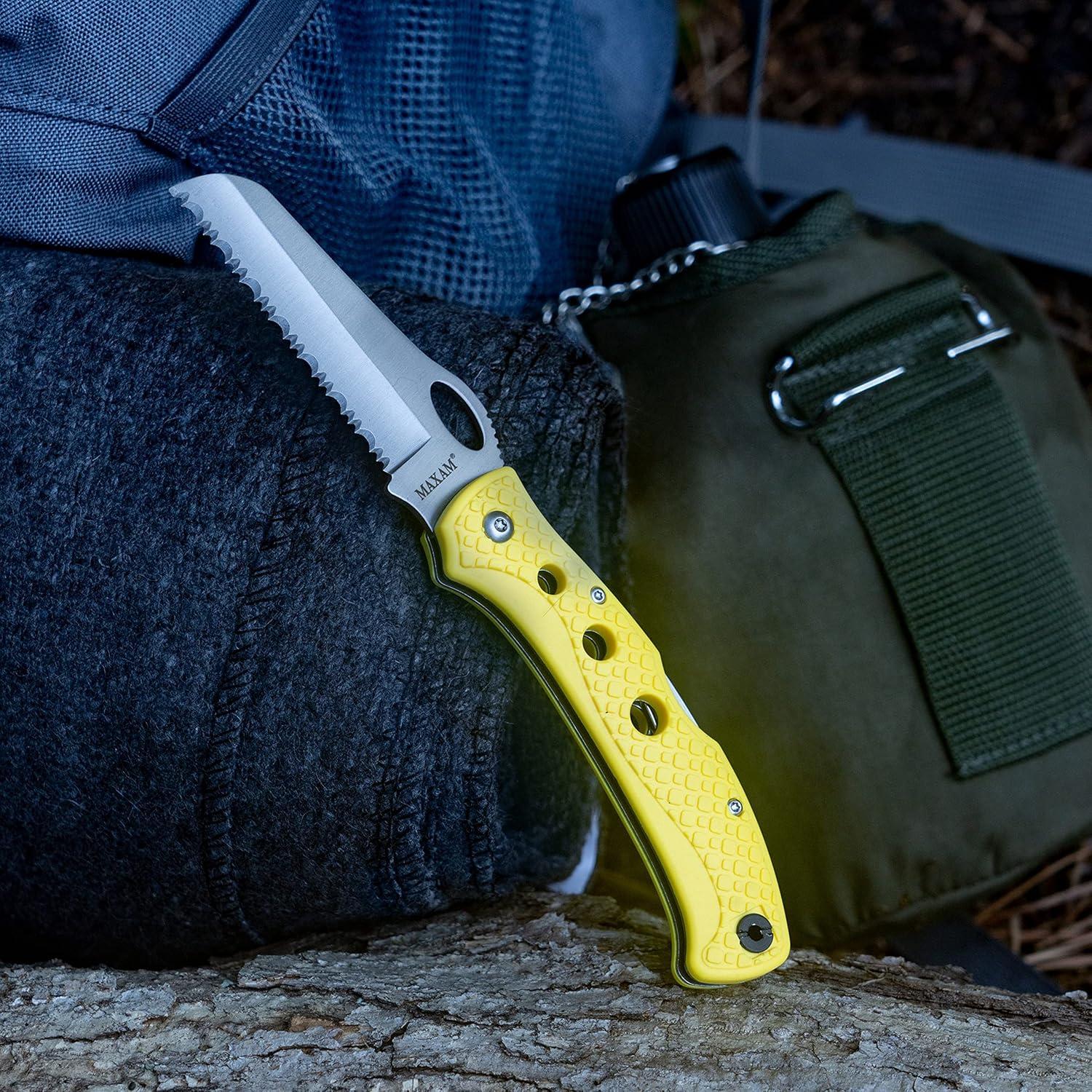 Maxam 5 Inch Saltwater Knife - Rust-Proof German Stainless Steel Serrated Blade with High-Visibility Yellow Handle, Reversible Pocket Clip, Lanyard Hole