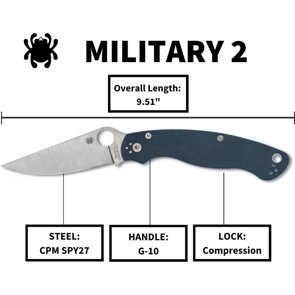 Military 2 Folding Pocket Knife with 4" CPM SPY27 Steel Blade and G-10 Handle - EDC Knife for Men and Women, Perfect for Hunting, Tactical, Camping, Survival, Hiking - PlainEdge - C36GPCBL2