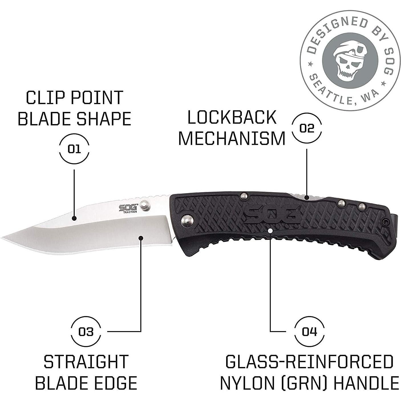 Cuchillo Plegable SOG Traction 3.5" Acero Inoxidable Clip Point