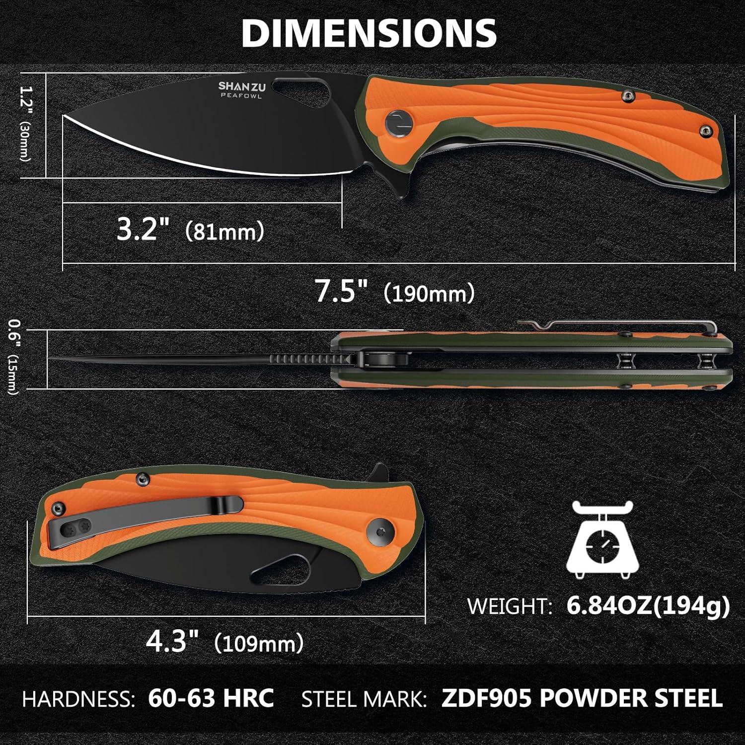 Cuchillo de bolsillo SHAN ZU 8.13 cm acero en polvo G10 naranja