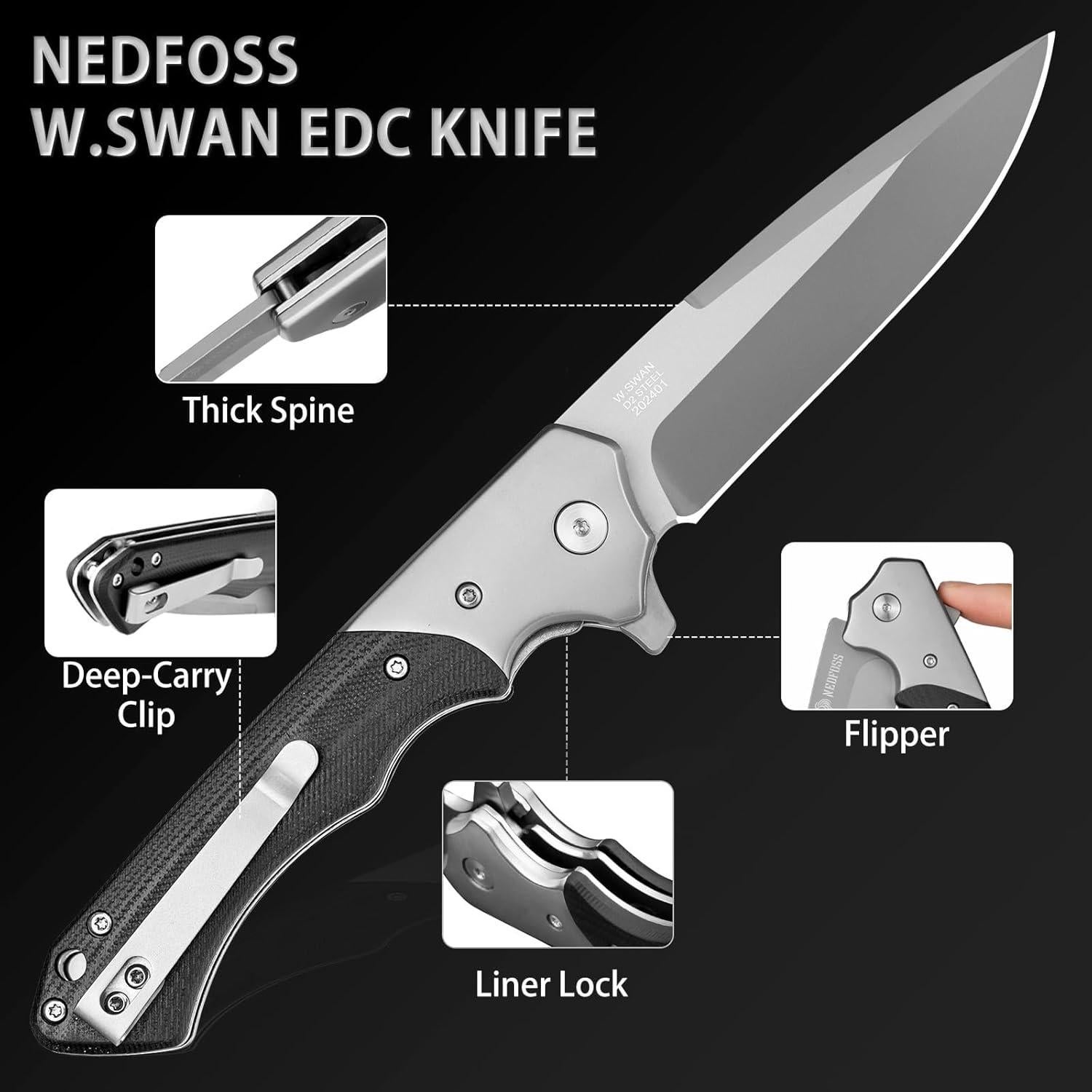 Cuchillo de Bolsillo NedFoss W.SWAN Acero D2 Plegable 21.59 cm