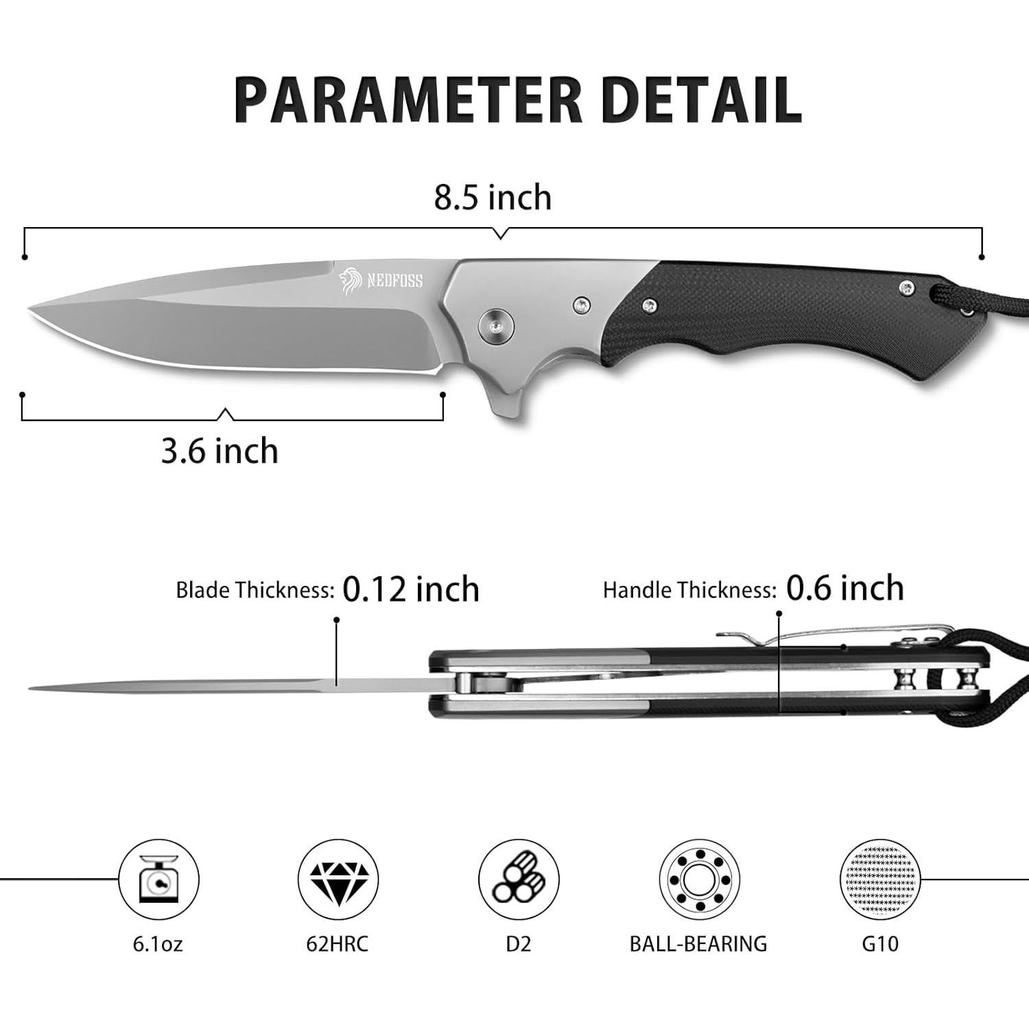 Cuchillo de Bolsillo NedFoss W.SWAN Acero D2 Plegable 21.59 cm