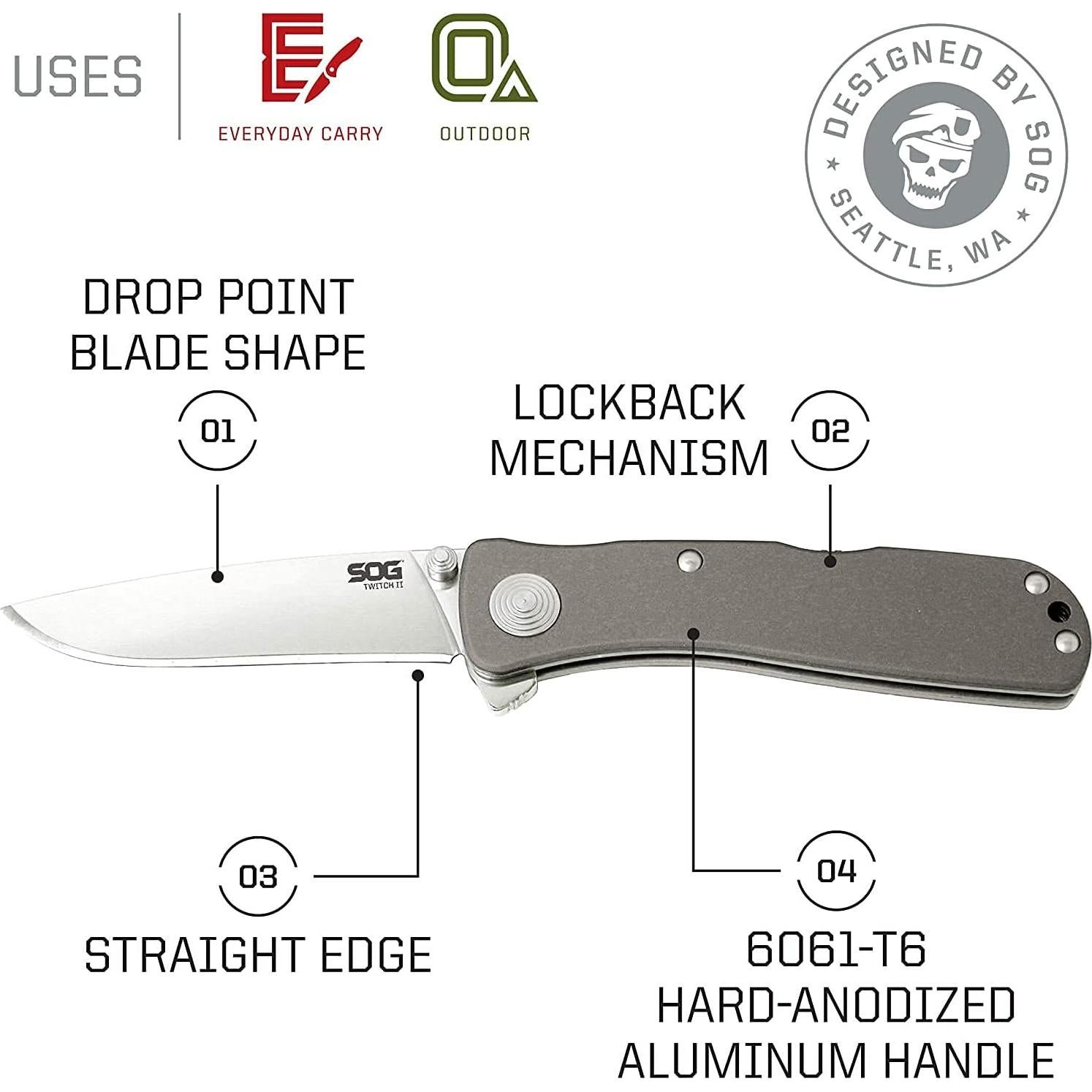 Cuchillo Plegable SOG Twitch II 6.73 cm Acero AUS-8 Aluminio