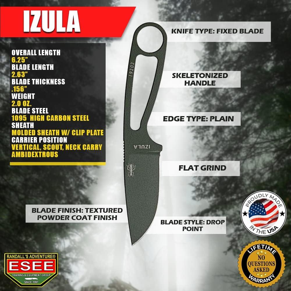 ESEE Knives Izula Fixed Blade Knife w/Survival Kit, Sheath & Clip Plate (Olive Drab)