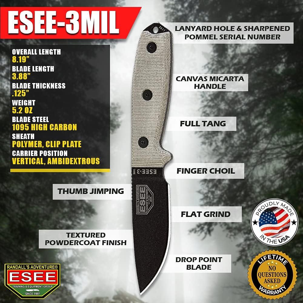 Cuchillo ESEE 3MIL Fijo con Funda Moldeada y Respaldo MOLLE