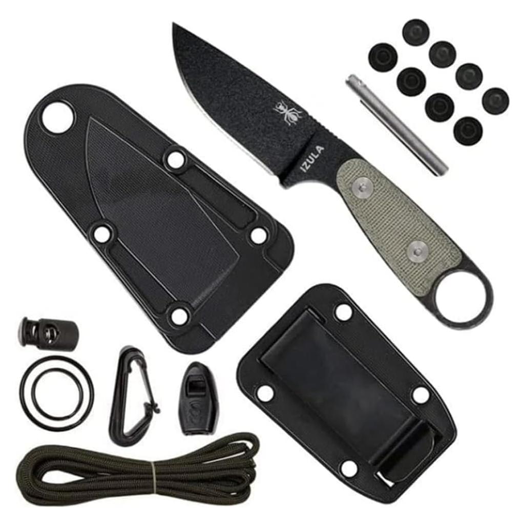 Black Izula w/Micarta Handles, Molded Polymer Sheath, and Survival Kit