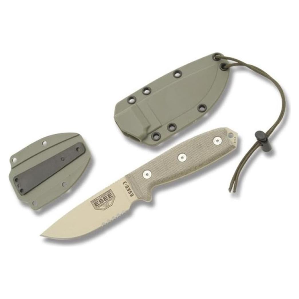 Cuchillo ESEE-3S-DT con Hoja Serrada y Mango de Micarta