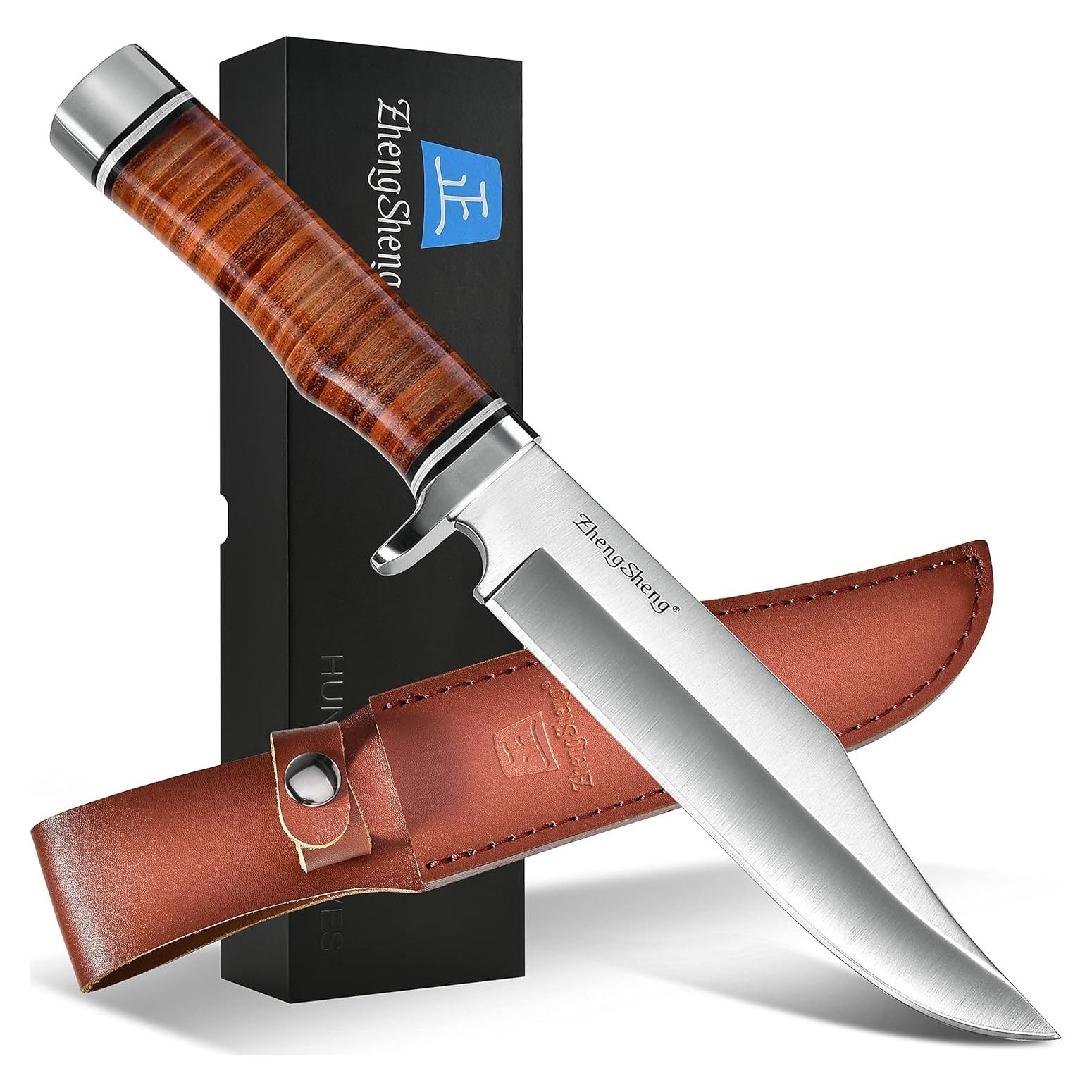 Cuchillo de Caza Fijo ZhengSheng 6.7" con Mango de Cuero y Funda