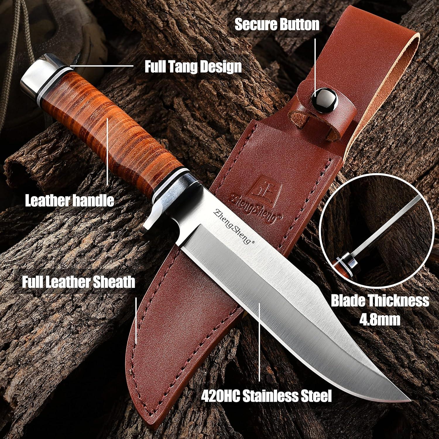 Cuchillo de Caza Fijo ZhengSheng 6.7" con Mango de Cuero y Funda