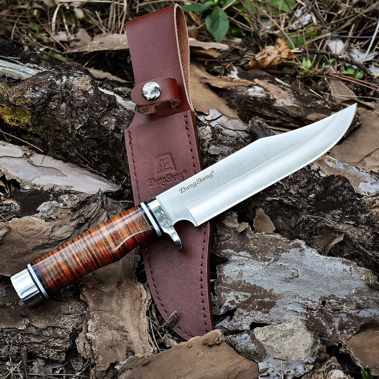 Cuchillo de Caza Fijo ZhengSheng 6.7" con Mango de Cuero y Funda