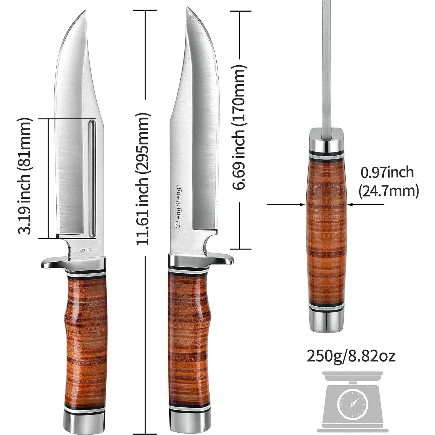 Cuchillo de Caza Fijo ZhengSheng 6.7" con Mango de Cuero y Funda