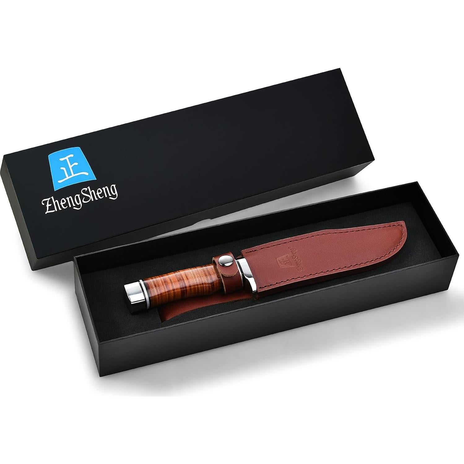 Cuchillo de Caza Fijo ZhengSheng 6.7" con Mango de Cuero y Funda