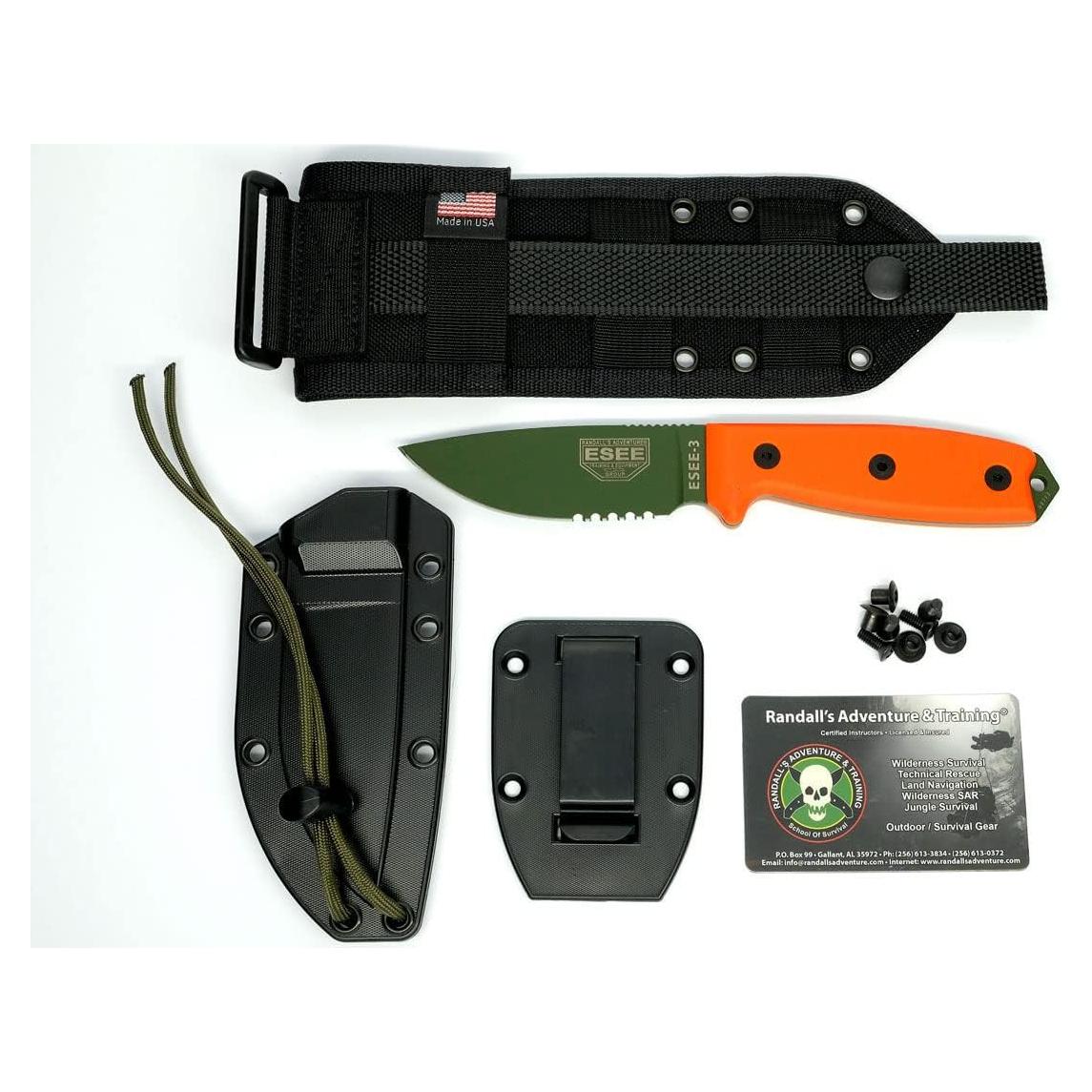 Cuchillo Fijo ESEE-3 Serrado OD Naranja 9.53 cm con Funda