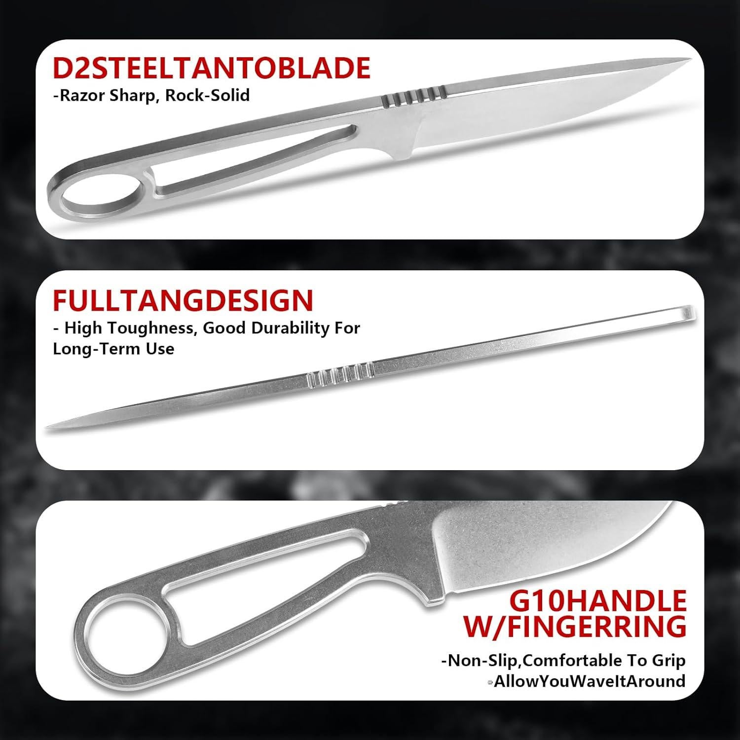 Cuchillo de hoja fija Noxozoqm EDC 165mm con funda y cordón