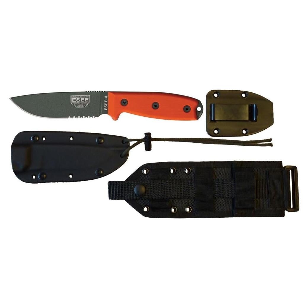 Cuchillo ESEE-4 Serrado OD con Mangos Naranja G10 y Funda