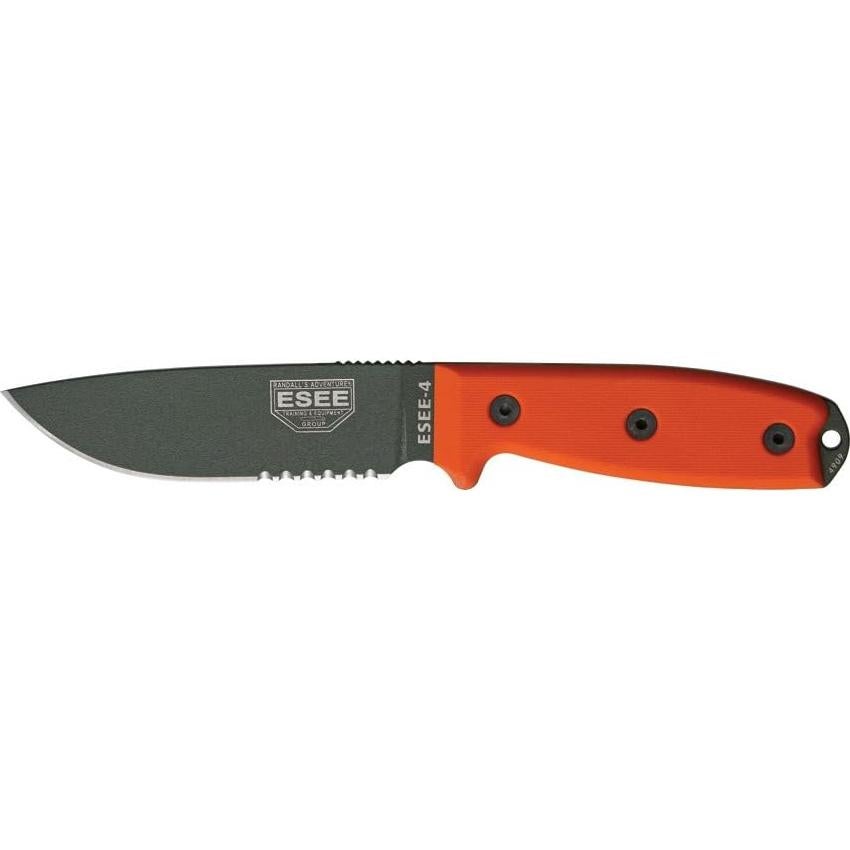 Cuchillo ESEE-4 Serrado OD con Mangos Naranja G10 y Funda