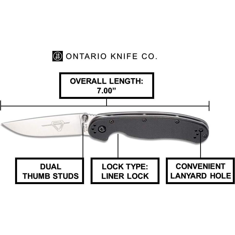 Cuchillo Plegable Ontario RAT II AUS-8 7.6 cm Mango Nylon Negro