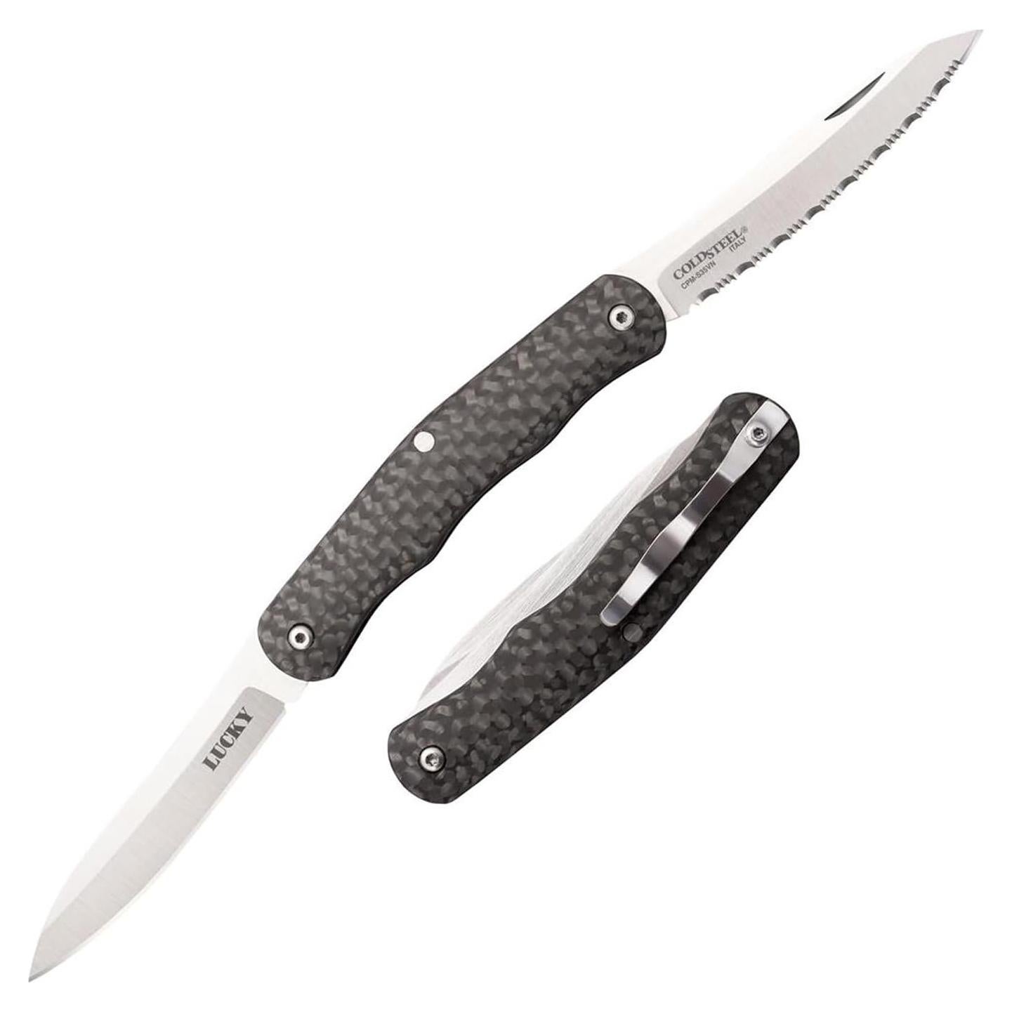 COLD STEEL Lucky Twin 2.625" S35VN Blades 3.25" Carbon Fiber Handle Everyday Carry Compact Pocket Folding Knife w/Slip Joint Lock