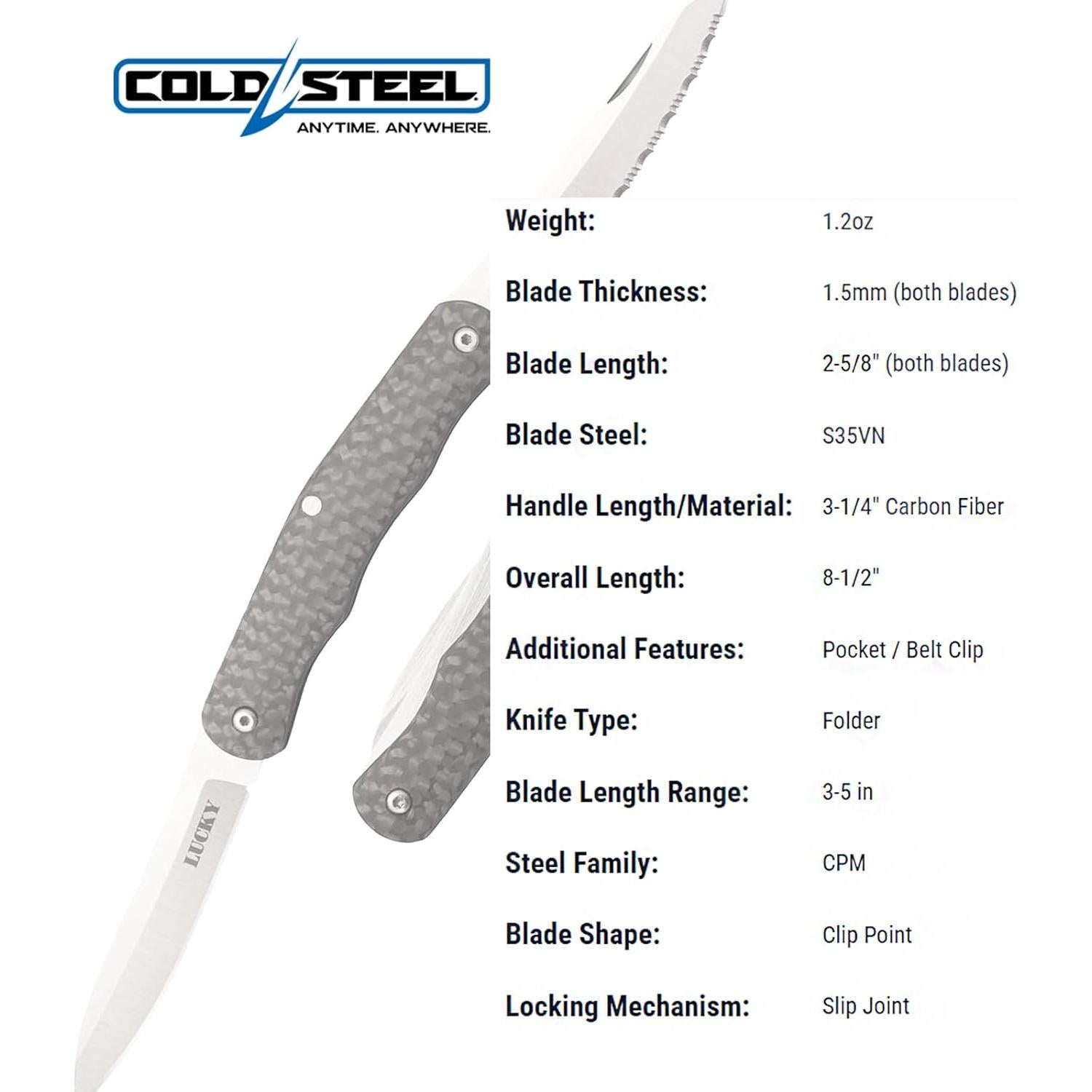 COLD STEEL Lucky Twin 2.625" S35VN Blades 3.25" Carbon Fiber Handle Everyday Carry Compact Pocket Folding Knife w/Slip Joint Lock