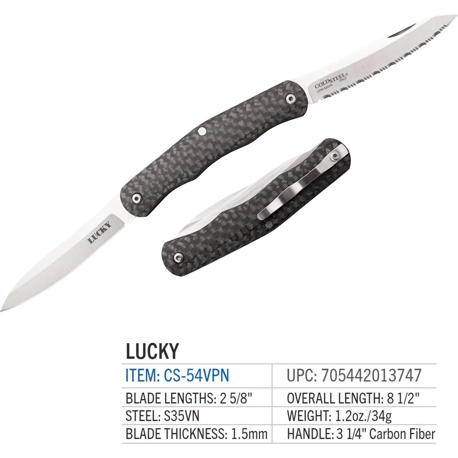 COLD STEEL Lucky Twin 2.625" S35VN Blades 3.25" Carbon Fiber Handle Everyday Carry Compact Pocket Folding Knife w/Slip Joint Lock