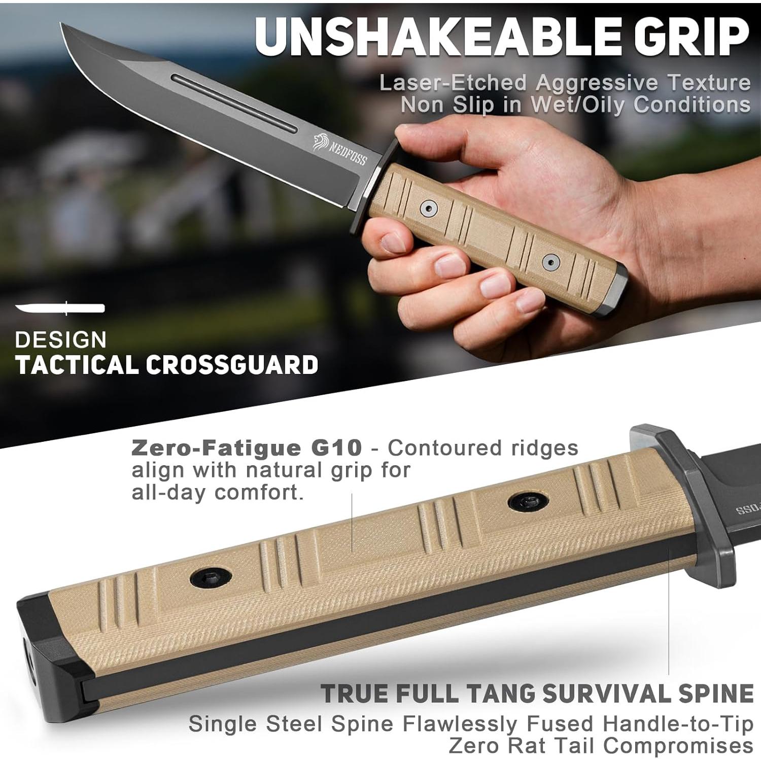 Cuchillo Táctico NedFoss BRAVE Hoja Fija 17.3 cm con Funda Kydex