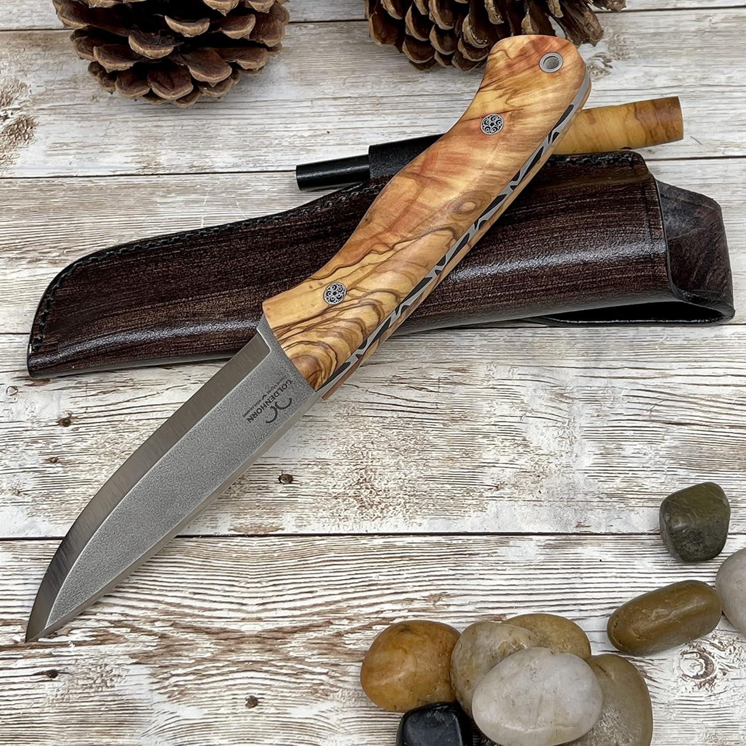 Cuchillo de Bushcraft Golden Horn FUJI OLIVE con Funda de Cuero